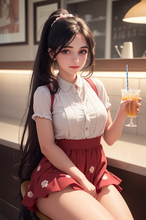 A beautiful young girl with long black hair in a double ponytail, wearing a floral dress with a flared skirt and knee-high socks, sitting with her back to the counter of a diner, two full milkshake glasses with straws on the counter in front of her, looking at the viewer with a sweet expression, (best quality,4k,8k,highres,masterpiece:1.2),ultra-detailed,(realistic,photorealistic,photo-realistic:1.37),anatomy,scientific,precise,hyperrealistic,intricate details,vivid colors,cinematic lighting,volumetric lighting,depth of field,photorealistic rendering,mcdonald's style diner,interior,girl,1girl,detailed eyes,detailed lips,long lashes,gorgeous face,elegant,charming,lovely,pretty,cute,sweet,happy