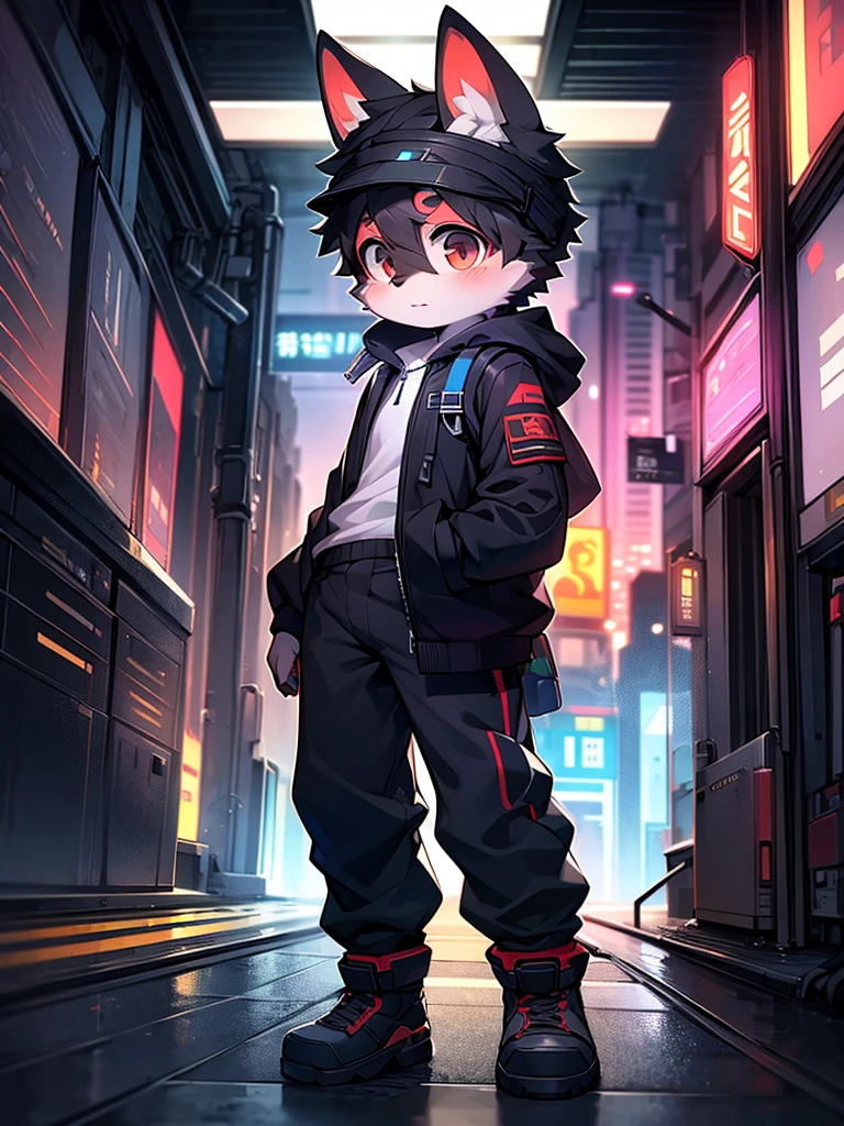 Shota,puppy,Shorty,Q version,Cyberpunk,Full body front,Wear commuting clothes,Blank Background,Setting diagram