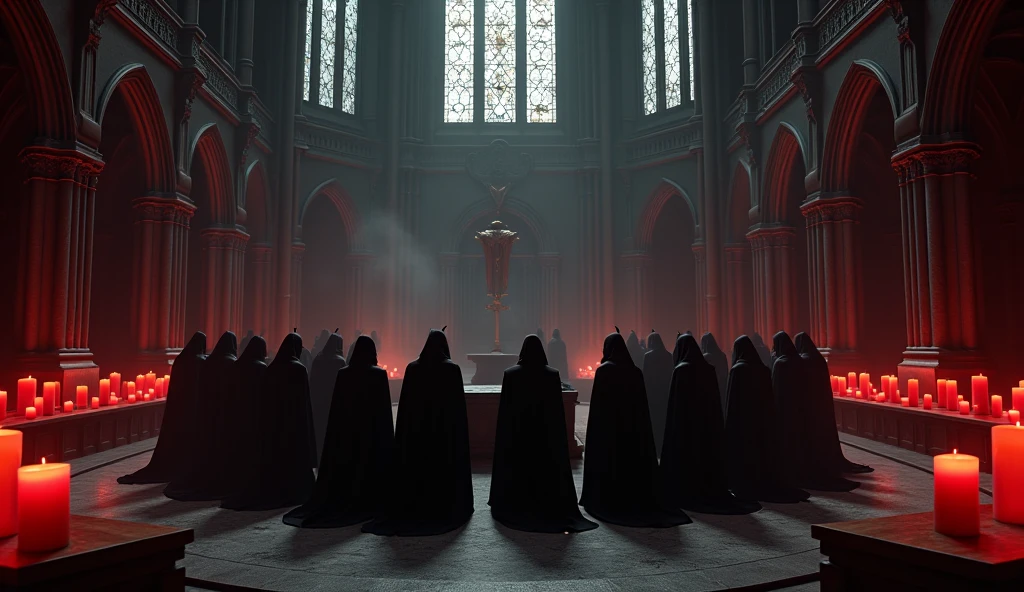 8k、(High angle), (number々の賞を受賞したmasterpiece、Incredible detail、Texture、Maximum details),red flame candle, (summoning magic),(St George's Church in Lalibela at night (Church of Saint George) - Ethiopia), (dark ritual),(dark organization)arafed image of a group of people in a church with candles,lit candle, dark cinematic concept art, elegant cinematic fantasy art, photorealistic dark concept art, by Beeple, dark robes, wojtek fus, gothic epic library concept, gothic epic library, epic cinematic concept art, dark concept art, Beeple and mike winkelmann, symmetrical epic fantasy art, High resolution, masterpiece, Highest quality, Intricate details, Very detailed, Clear focus, practical skin texture, texture, Shot with Canon, 85mm, Shallow and deep, Kodak Vision Color, Exactly, Very detailed, photograph_\(Extremist\), photographpractical, practical, Post-processing, Maximum details, Roughness, Real Life, Extremist practical, Photorealism, photographgraphy, 8K Ultra HD, photographgraphy