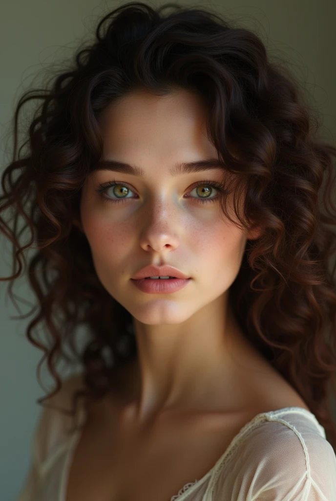 tender young woman, with green eyes, dark brown hair with super curly hair
