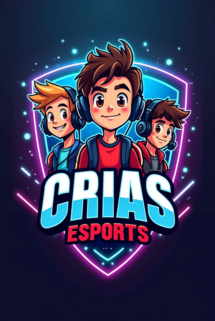 A stylized shield logo with cartooned characters of young.suburban and brazillian boys in gaming headsets, surrounded by digital effects and the team name "Crias eSports" in bold, edgy font.
