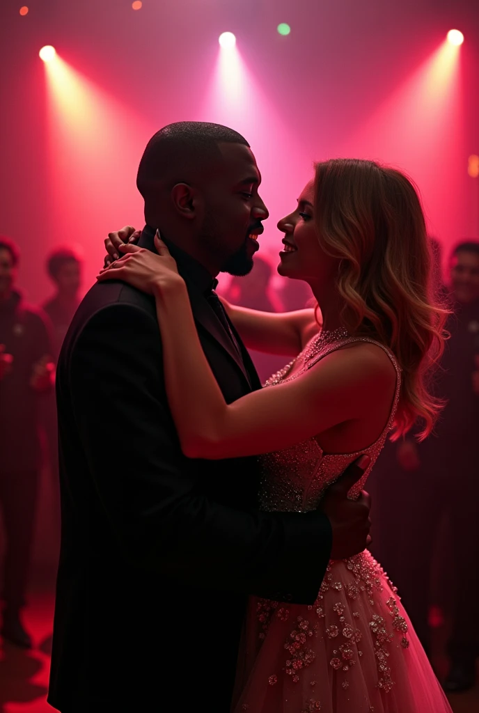 Kanye West and Taylor Swift dancing romantically in a nightclub, The people around them celebrate their courtship, They both dress elegantly