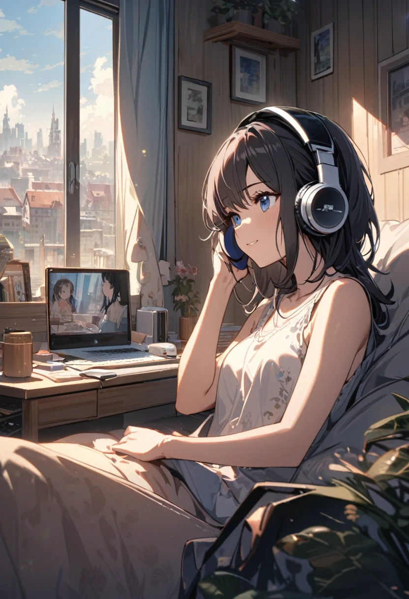 Beautiful woman, alone, A gentle smile on her face, Black Hair, blue eyes, No sleeve, Beautiful depiction,A woman sitting in front of a computer in a cozy bedroom, A woman listening to music in a cozy room.. (noon), Use headphones, (beautiful noon views from windows), city,Very detailed
