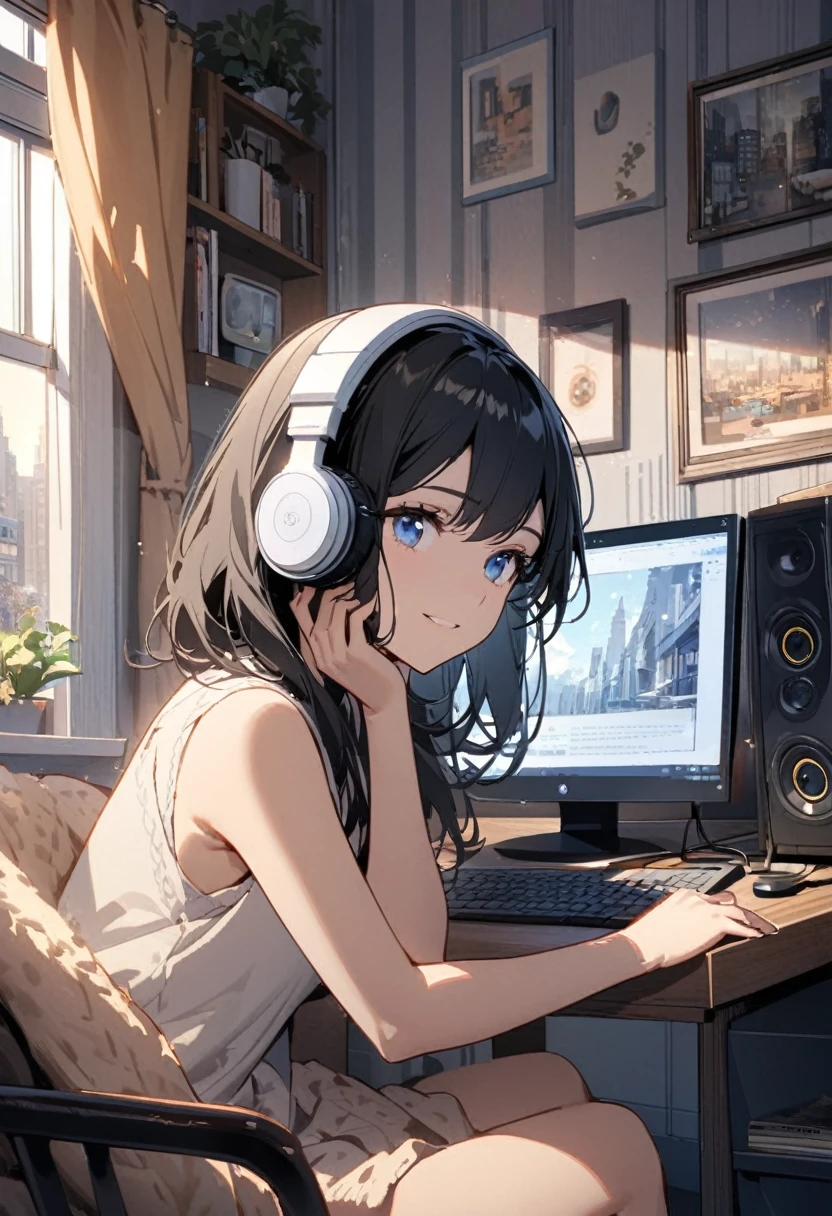 Beautiful woman, alone, A gentle smile on her face, Black Hair, blue eyes,  No sleeve, Beautiful depiction,A woman sitting in front of a computer in a cozy bedroom, A woman listening to music in a cozy room.. (noon), Use headphones, (beautiful noon views from windows), city,Very detailed