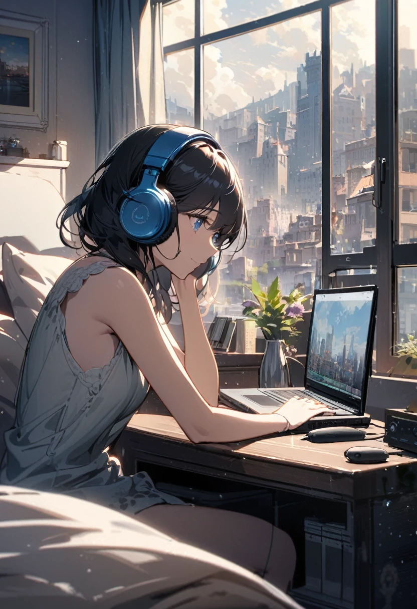 Beautiful woman, alone, A gentle smile on her face, Black Hair, blue eyes, No sleeve, Beautiful depiction,A woman sitting in front of a computer in a cozy bedroom, A woman listening to music in a cozy room.. (noon), Use headphones, (beautiful noon views from windows), city,Very detailed