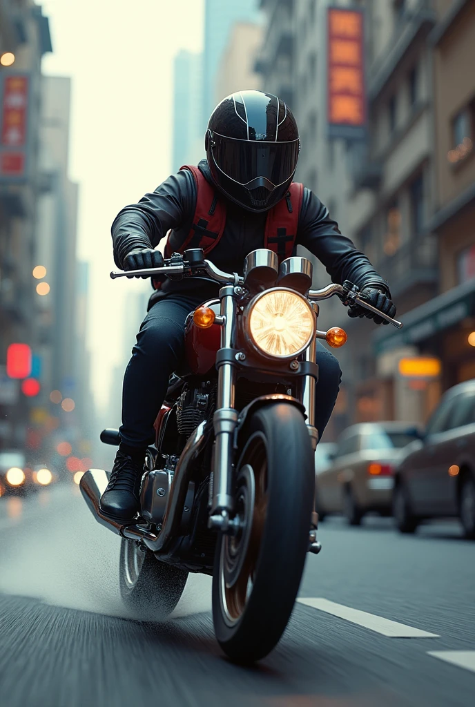 A boy with a motorcycle and a closed helmet running errands Fast
