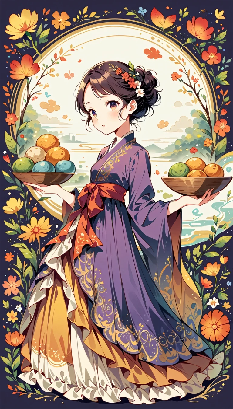 Visually appealing, high-resolution circular design、 The central figure is、The skirt is adorned with an intricate pattern of deep purple with silver accents., This detailed illustration is、It captures an atmosphere reminiscent of the elegance and cultural richness of a bygone era., Add depth to your projects、She is holding rice balls in her right and left hands as if weighing them on a balance.、 The background is diagonally decorated with images of autumn and spring.、