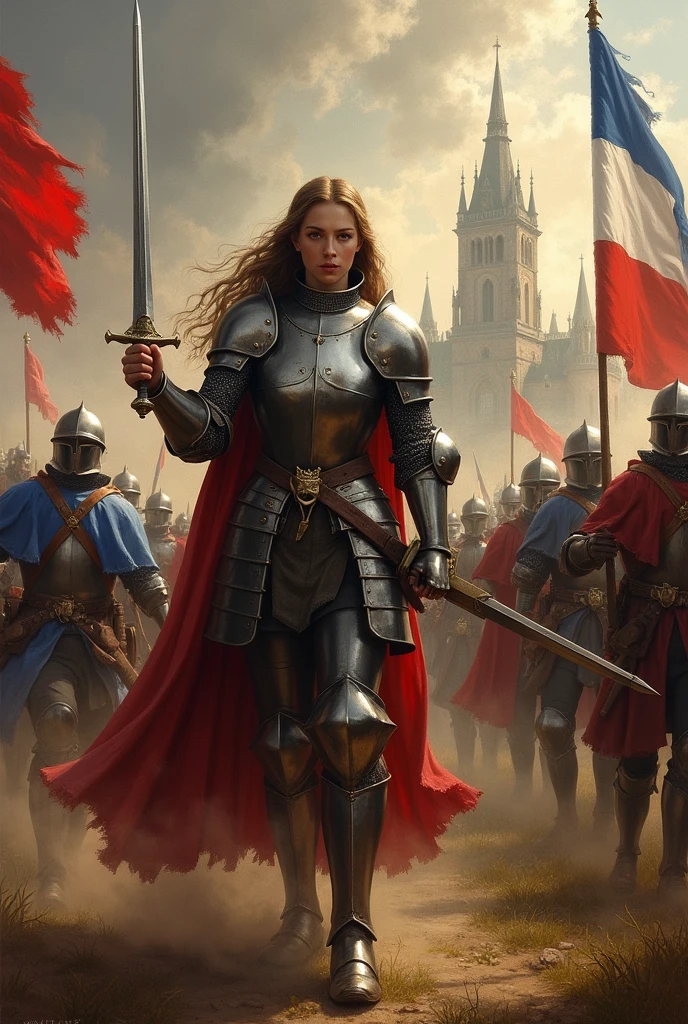 Joan of Arc with armor and sword, leading the French at the Battle of Orleans, 1429"