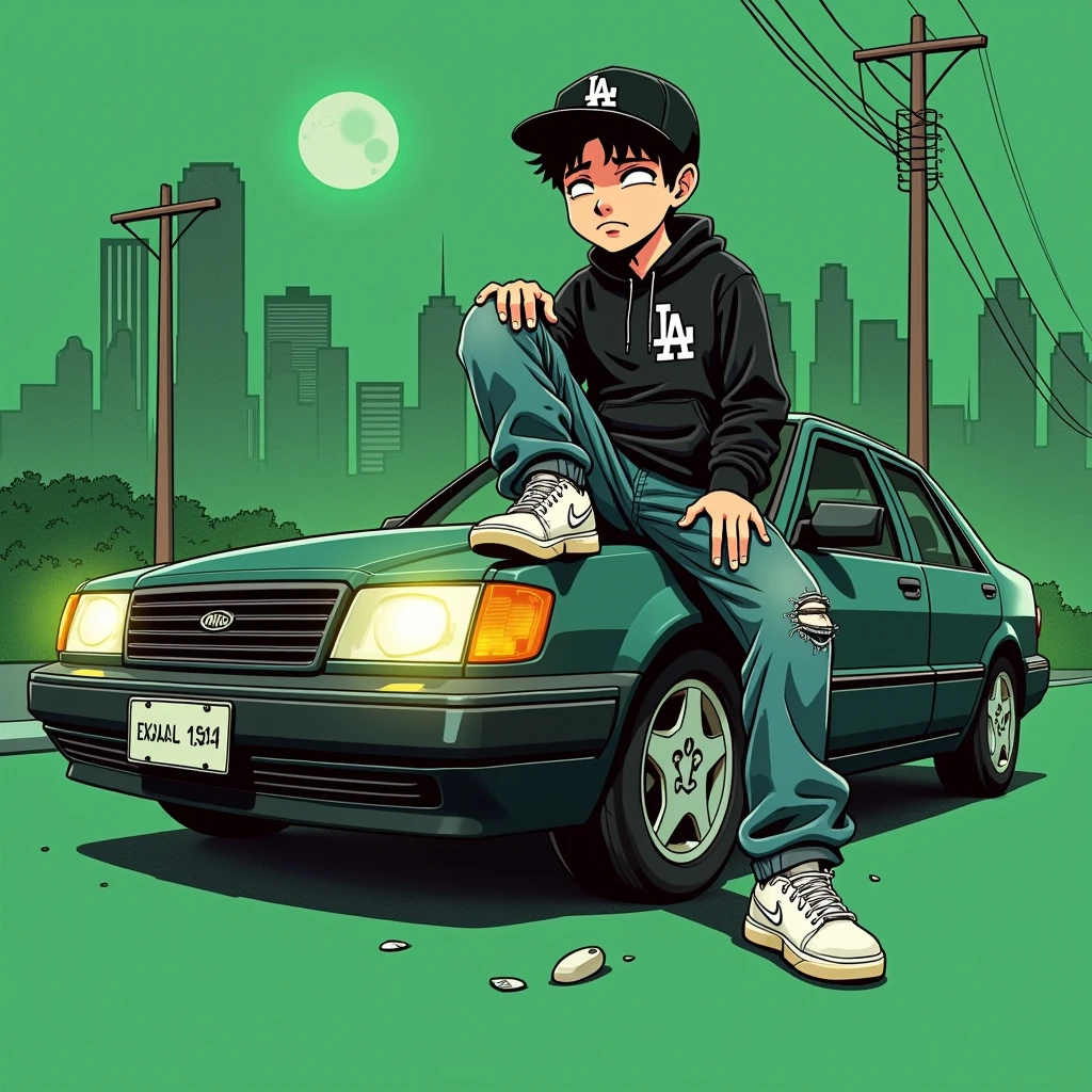 Image of a man sitting on the bonnet of a car, Yoshihiko Wada's album cover, winner of the behance contest, Doodle, official artwork, rap album cover, hip - hop album art cover, colored album art, hip hop music album cover, rap album cover art, official fanart, GTA Cover, hip hop album cover, album art cover, cartoon, Disgruntled Asian Boy, Running car, Green background, green tea, Deep pressed black LA ball cap, white nike shoes, Black LA Hoodie, Baggy jeans worn down, black neighborhood, Skull, drug, The city seen from behind, Playful pose