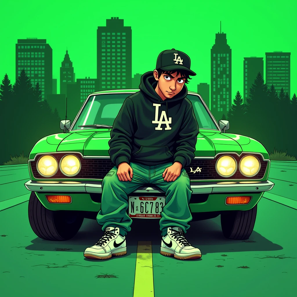 Image of a man sitting on the bonnet of a car, Yoshihiko Wada's album cover, winner of the behance contest, Doodle, official artwork, rap album cover, hip - hop album art cover, colored album art, hip hop music album cover, rap album cover art, official fanart, GTA Cover, hip hop album cover, album art cover, cartoon, Disgruntled Asian Boy, Running car, Green background, green tea, Deep pressed black LA ball cap, white nike shoes, Black LA Hoodie, Baggy jeans worn down, black neighborhood, Skull, drug, The city seen from behind, Playful pose