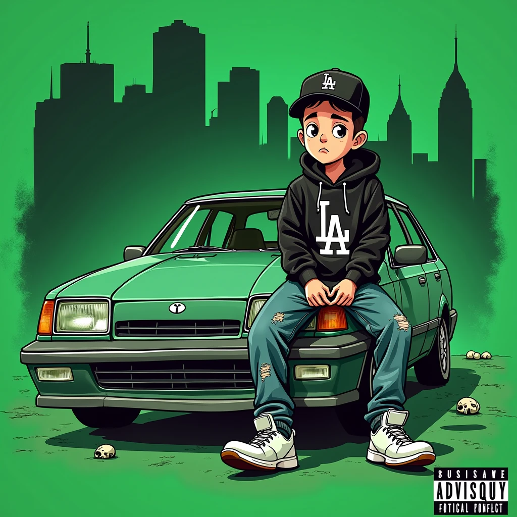 
Image of a man sitting on the bonnet of a car, Yoshihiko Wada&#39;s album cover, winner of the behance contest, Doodle, official artwork, rap album cover, hip - hop album art cover, colored album art, hip hop music album cover, rap album cover art, official fanart, GTA Cover, hip hop album cover, album art cover, cartoon, Disgruntled Asian Boy, Running car, Green background, green tea, Deep pressed black LA ball cap, white nike shoes, Black LA Hoodie, Baggy jeans worn down, black neighborhood, Skull, drug, The city seen from behind, Playful pose