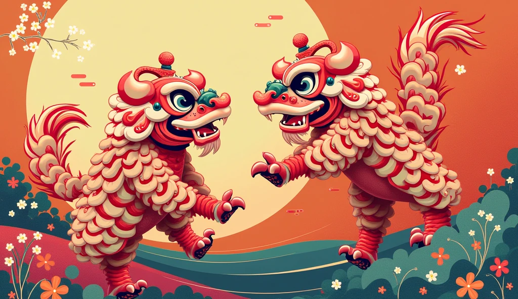 Contemporary illustrations of lion dances like Hokusai KATSUSHIKA

 great power

 Gorgeous and colorful design but calm and elegant design

 Pretty cool
 chic and modern design
 Stylish design