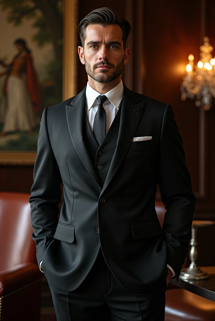 In a sophisticated environment, a man stands out with his imposing presence and refined elegance. He wears a tailored suit, of a dark and classic tone, which accentuates its distinctive bearing. The tie is perfectly fitted, and the impeccable collared shirt, complemented by an elegant pocket square that adds a touch of sophistication.
Your hair is carefully arranged, and your face, with a serious expression, demonstrates a quiet confidence and a sense of purpose. Around her, the environment is decorated with luxurious furniture, like leather armchairs and a dark wood table, and sophisticated details like crystal light fixtures and exquisite artwork. The soft lighting enhances the aura of serenity and class that the man exudes., making him the natural center of attention in this refined setting.