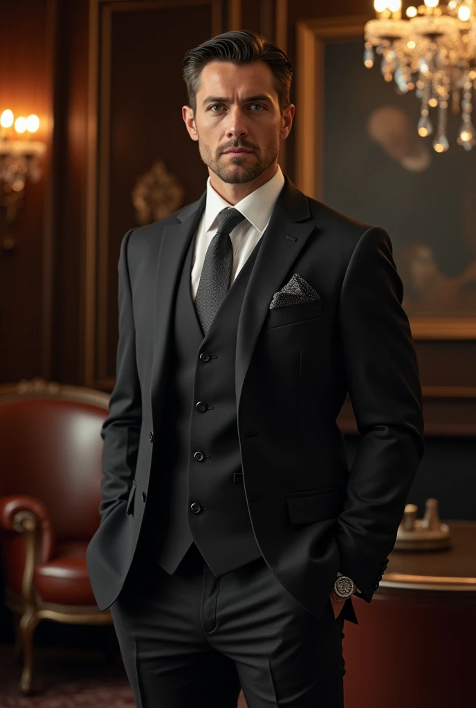 In a sophisticated environment, a man stands out with his imposing presence and refined elegance. He wears a tailored suit, of a dark and classic tone, which accentuates its distinctive bearing. The tie is perfectly fitted, and the impeccable collared shirt, complemented by an elegant pocket square that adds a touch of sophistication. 

Your hair is carefully arranged, and your face, with a serious expression, demonstrates a quiet confidence and a sense of purpose. Around her, the environment is decorated with luxurious furniture, like leather armchairs and a dark wood table, and sophisticated details like crystal light fixtures and exquisite artwork. The soft lighting enhances the aura of serenity and class that the man exudes., making him the natural center of attention in this refined setting.