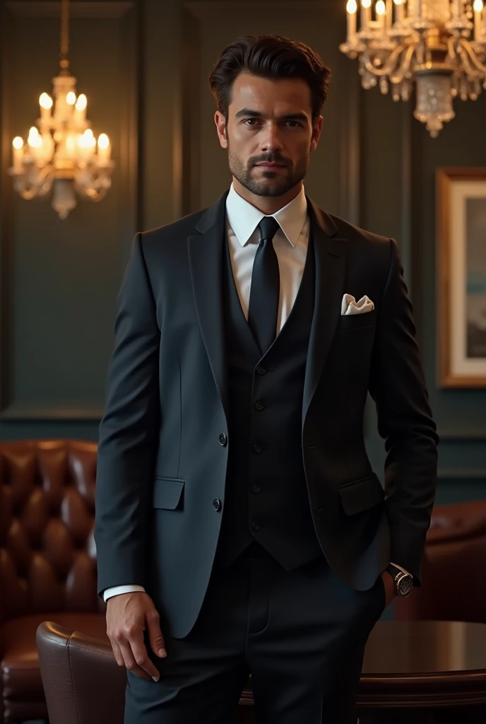In a sophisticated environment, a man stands out with his imposing presence and refined elegance. He wears a tailored suit, of a dark and classic tone, which accentuates its distinctive bearing. The tie is perfectly fitted, and the impeccable collared shirt, complemented by an elegant pocket square that adds a touch of sophistication. 

Your hair is carefully arranged, and your face, with a serious expression, demonstrates a quiet confidence and a sense of purpose. Around her, the environment is decorated with luxurious furniture, like leather armchairs and a dark wood table, and sophisticated details like crystal light fixtures and exquisite artwork. The soft lighting enhances the aura of serenity and class that the man exudes., making him the natural center of attention in this refined setting.