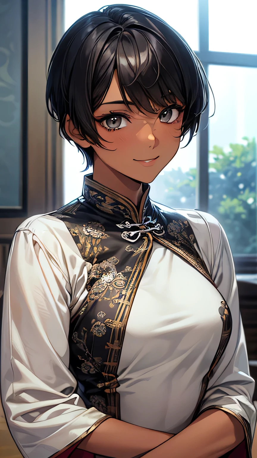 Highest quality、Realistic、、zoom、man、cute、Light grey eyes、Black Hair、Very short hair style、Tanned brown skin、Dark Skin、Light blue Chinese dress、No sleeve、Captivating smile、Bust Shot、Po