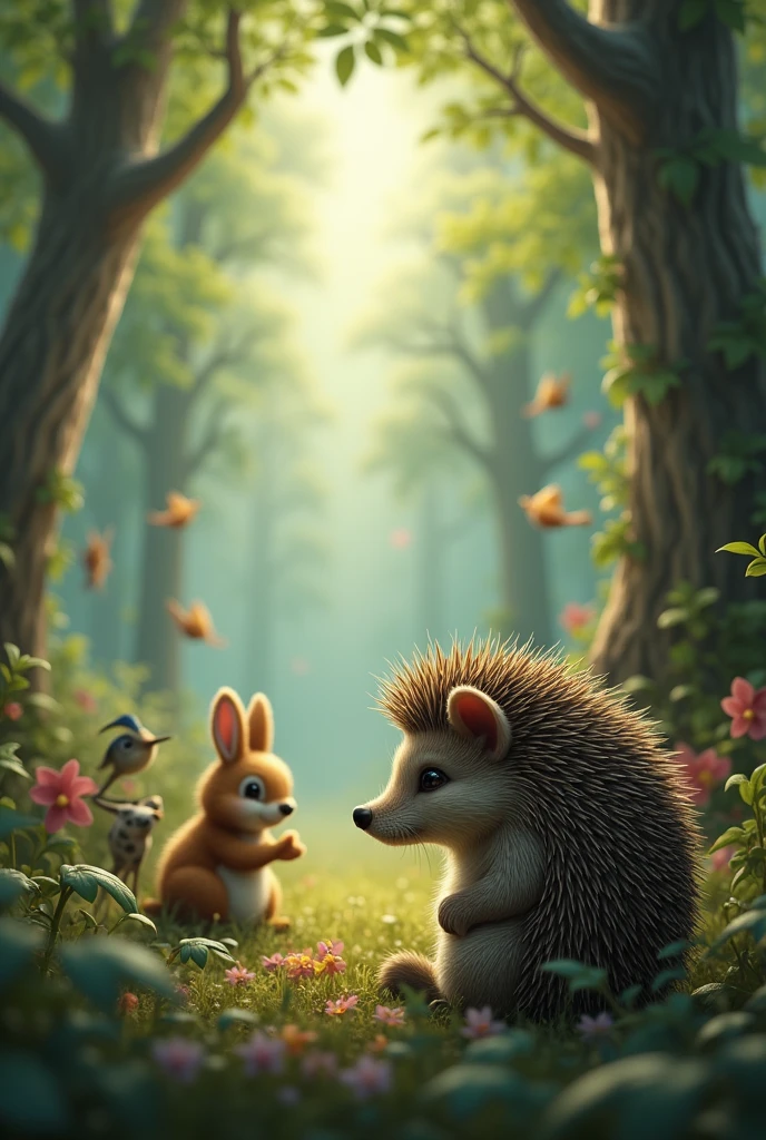 An extremely sad hedgehog separated from the other animals watching other types of animals playing in the forest 
