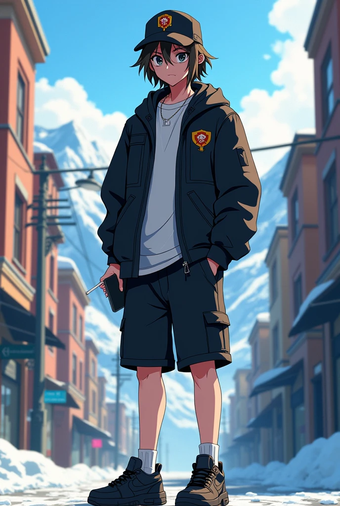 A boy , transformed into an anime style, with black country clothes , with a black wool cap with a lion logo , with black Bermuda shorts , Black sports sneakers , weighing about 90 kilos, thick build and tall in size with unique facial features, light skin , Long hair , wide black frame optical lenses , black eyes , thick lips with a cigarette in his right hand and a cell phone in his left hand , standing on a bustling city street, backlit background that highlights the subject, high contrast colors, 4K High Definition Quality，young, elegant, Argentinian , In the cold of the Santa Cruz glacier in Argentina , phone gamer boy .