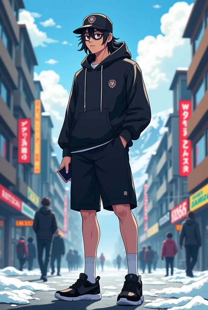 A boy , transformed into an anime style, with black country clothes , with a black wool cap with a lion logo , with black Bermuda shorts , Black sports sneakers , weighing about 90 kilos, thick build and tall in size with unique facial features, light skin , Long hair , wide black frame optical lenses , black eyes , thick lips with a cigarette in his right hand and a cell phone in his left hand , standing on a bustling city street, backlit background that highlights the subject, high contrast colors, 4K High Definition Quality，young, elegant, Argentinian , In the cold of the Santa Cruz glacier in Argentina , phone gamer boy .
