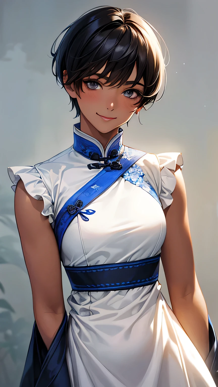 Highest quality、Realistic、、zoom、man、cute、Light grey eyes、Black Hair、Very short hair style、Tanned brown skin、Dark Skin、Light blue Chinese dress、No sleeve、Captivating smile、Bust Shot、Po