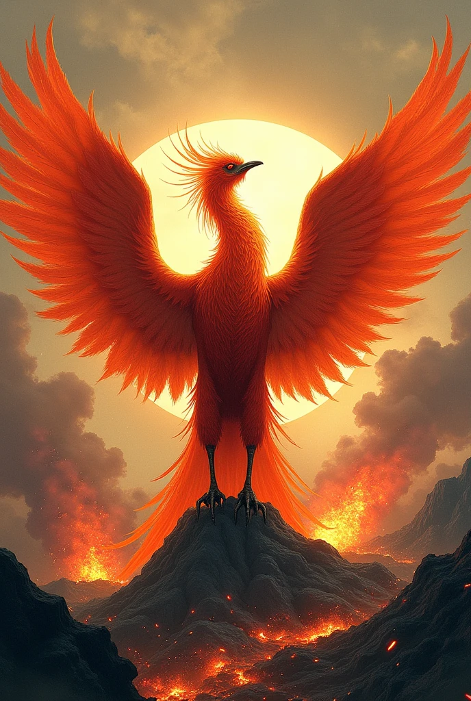 A powerful and majestic Phoenix、The embodiment of destruction and rebirth、Scary Stare、The End of the World、Erupting volcano、fly、((Ink-wash style illustration))、((Ink painting))