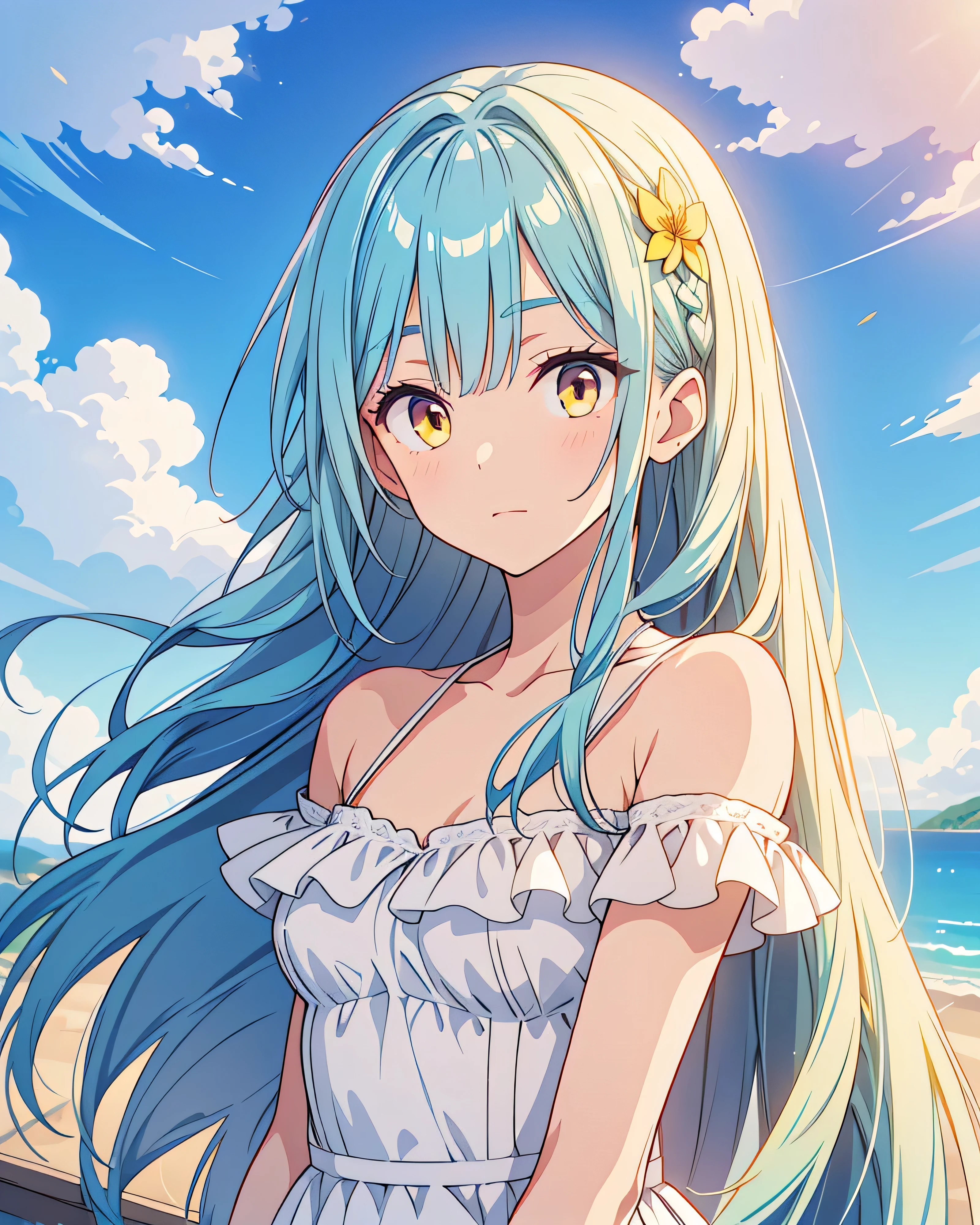 Highest quality, 32K, High resolution, masterpiece:1.5, One beautiful person, An exceptionally beautiful face, Small Face Beauty, Perfect Human Anatomy, Big yellow eyes, ((Shiny blue hair:1.1)), ((Super Long Straight Silk Hair)), Asymmetrical bangs, Hair between the eyes, Transparent, soft white skin, Sharp eyebrows, Thin lashes, Natural Makeup, Transparent air, Summer sunshine, Travelling on an airship, Nice views, A strange other world