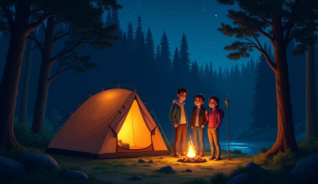 Three friends are standing outside a tent in the forest with a torch in the dark of night.