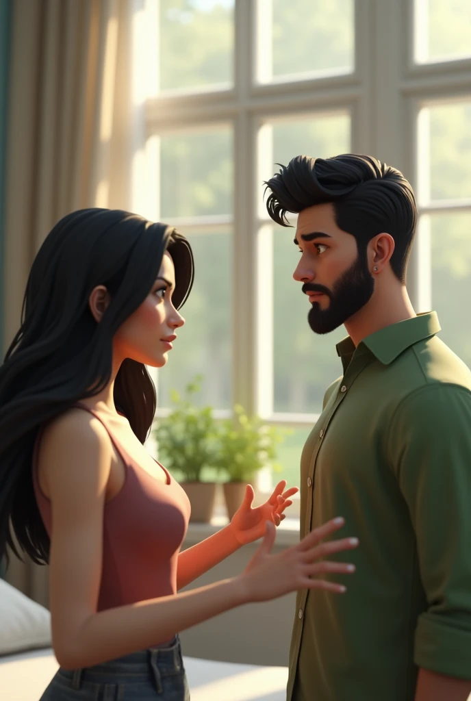 "Create a **highly detailed, ultra-realistic, and lifelike 3d human character**. A modern, lightly decorated bedroom. Natural light streams in through a large window. Wife looking at husband with arms outstretched as if explaining something. Or discussing. Fingers spread gently. Wife's description is: mid-20s, with flowing black hair. Her face is pensive. Husband's description is mid-20s, well-groomed beard , with sharp facial features, wearing a green shirt with worry and concern on his face.