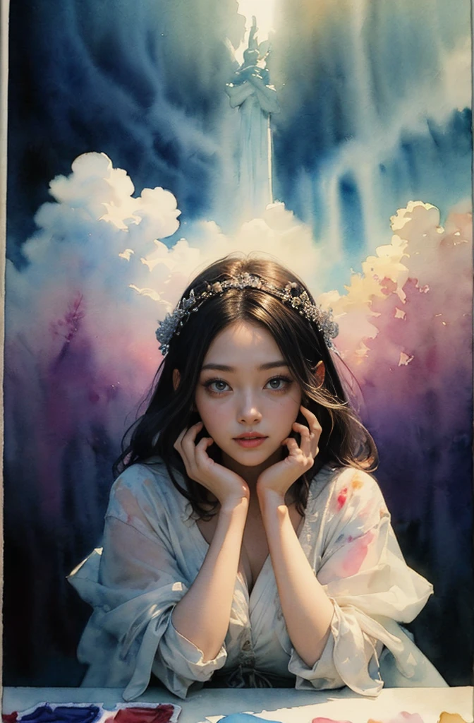 (Tabletop, Highest qualityの, Highest quality, Official Art, (beautifully、aesthetic:1.4), (Watercolor:1.4) ), (Izanami 1.5), 日本のgod話の女god, Majestic beauty, 創造の女god、生命の女god、Typically、((((Typically))))、Reincarnation Support, god&#39;Grace, Gentle and meditative expressions, Flowing, celestial garments, Shine、Created all the landscapes and worlds on Earth, A dazzling dance of light, Whispers of Ancient Legends，god秘的な着物姿、Full moon in the upper left of the background、Night view、Hands on the chin