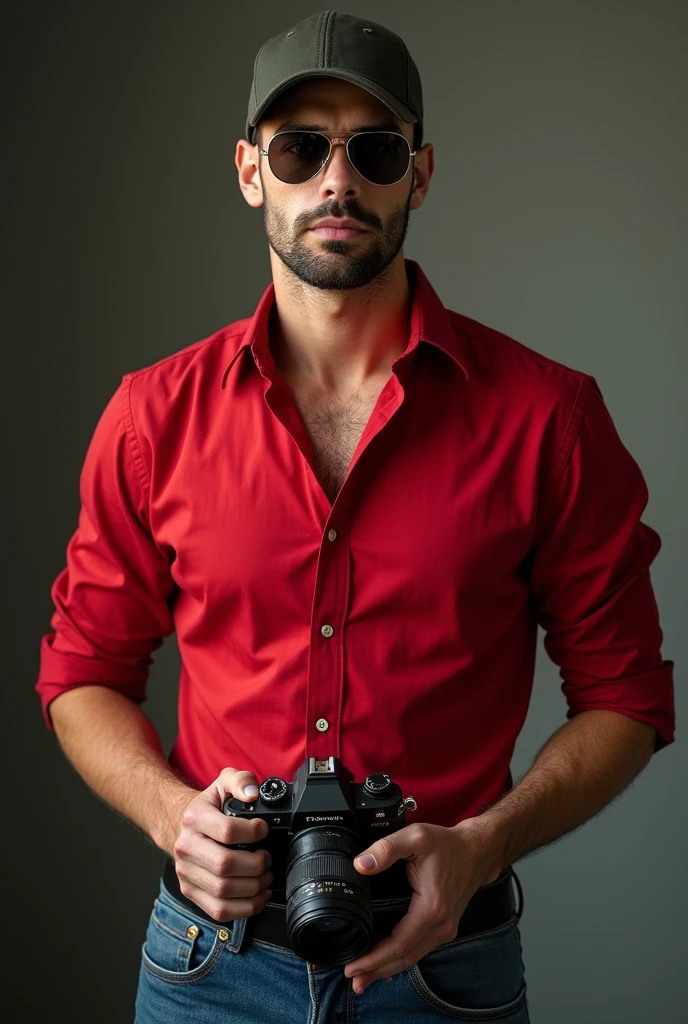 Tall man, Caucasian skin, asymmetrical face, impressive features with the characteristics of actor Nick Bateman, standing wearing a red dress shirt showing his arms, and jeans and a cap wearing aviator style sunglasses , with a professional camera in your hands 
