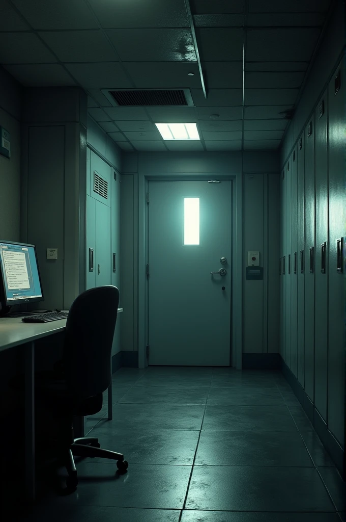 Create a surveillance office with screens that has a ventilation duct and a door on the side that looks like the one in fnaf 1 without the chair and table on the left. Please remove it. The screen is off and the lights are on.