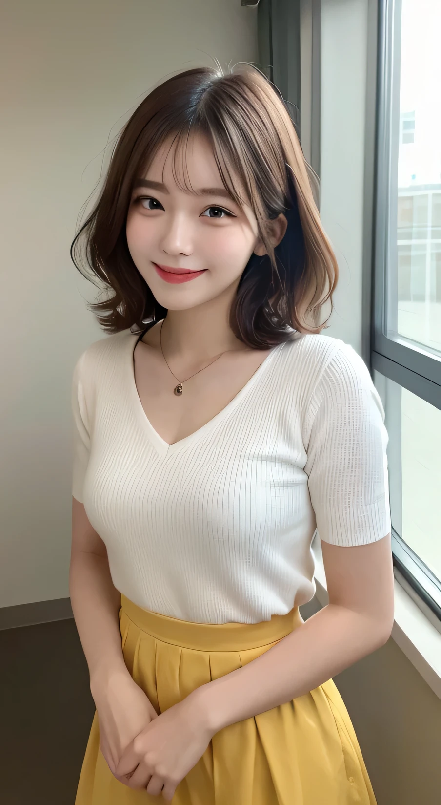 Tabletop, Highest quality, figure, Very detailed, In detail, High resolution, 8k wallpaper, Perfect dynamic composition, Beautiful attention to detail,Wavy Hair、 (short hair)、Small breasts, （(White）)、Public Health Physician、smile、cute、happy、looking at the camera,Perfect and beautiful face、24-years-old、long skirt、smile、Simple Necklace、Health Room、
