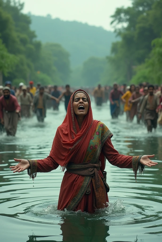 A Muslim woman wearing a sari and headscarf was standing in a huge pond screaming as the committee was dragged by her legs, so the villagers came running.