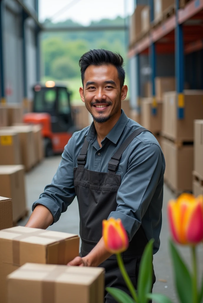 A photography of  handsome malay man was performing his duty at work. The background is pallet, box, lorry, standing forklift, morning view, tulips, 3D, 4K, professional 
