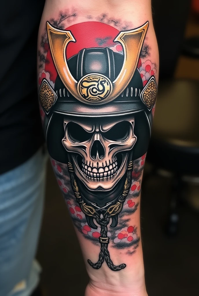 samurai skull with mask full body as tattoo on forearm