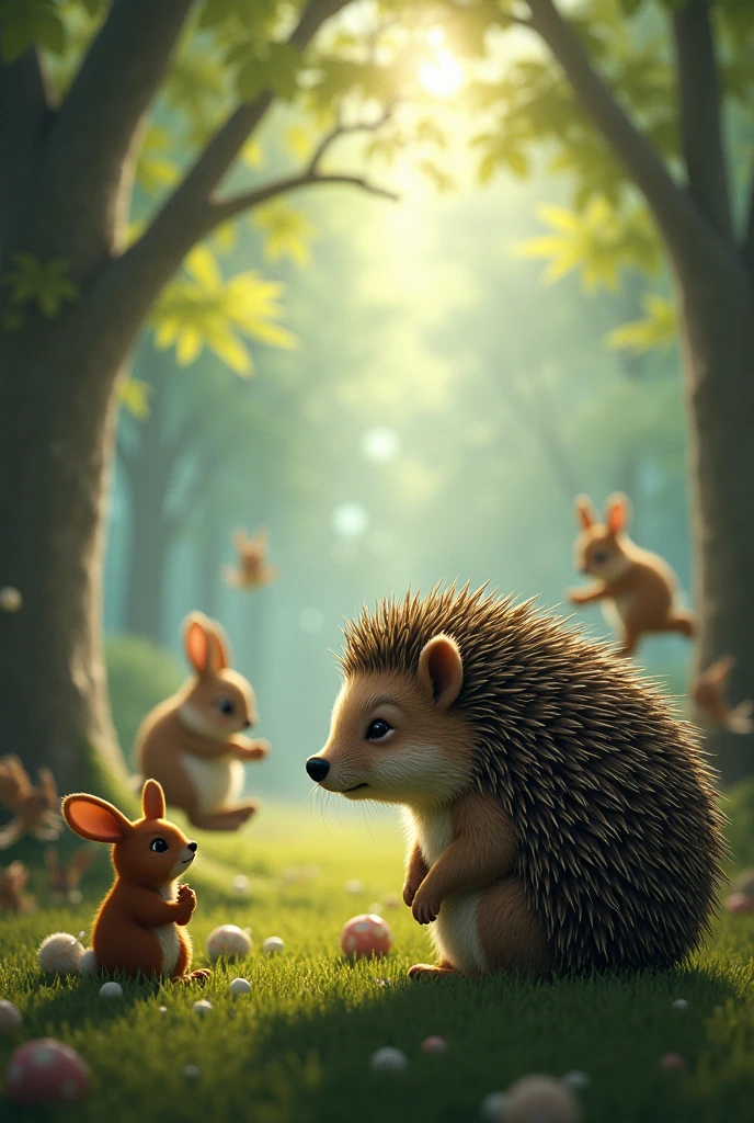 An extremely sad hedgehog separated from the other animals watching other types of animals playing in the forest