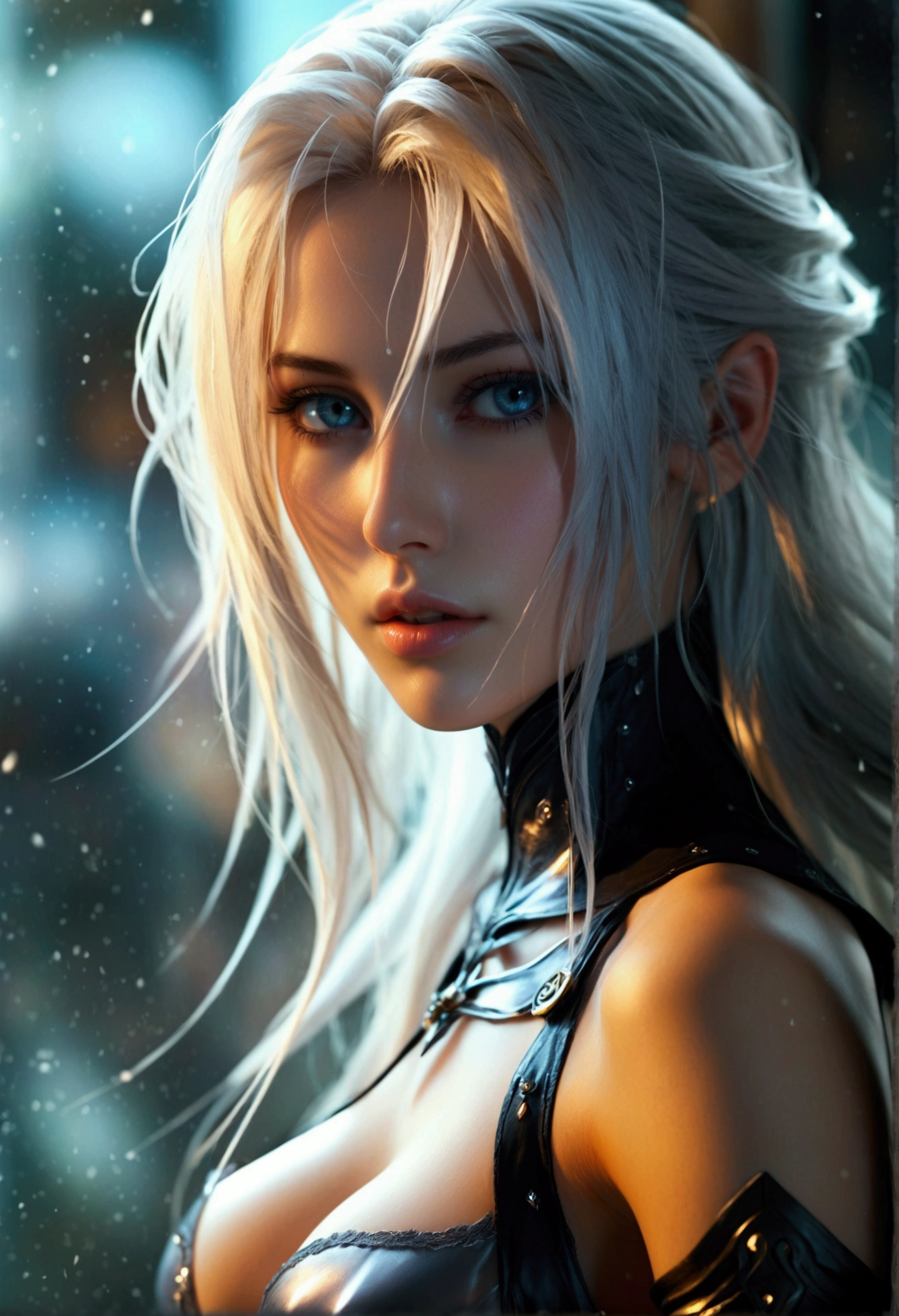 Create a hyper detailed photograph of a young sexy female sephiroth, Stunningly perfect gorgeous  feminine face, perfect makeup, detailed vibrant eyes, long hair, hour glass body figure, perfect beautiful legs, perfect beautiful arms, perfect torso, detailed silky smooth skin, breast, perfect ass, sexy transparent lingerie,