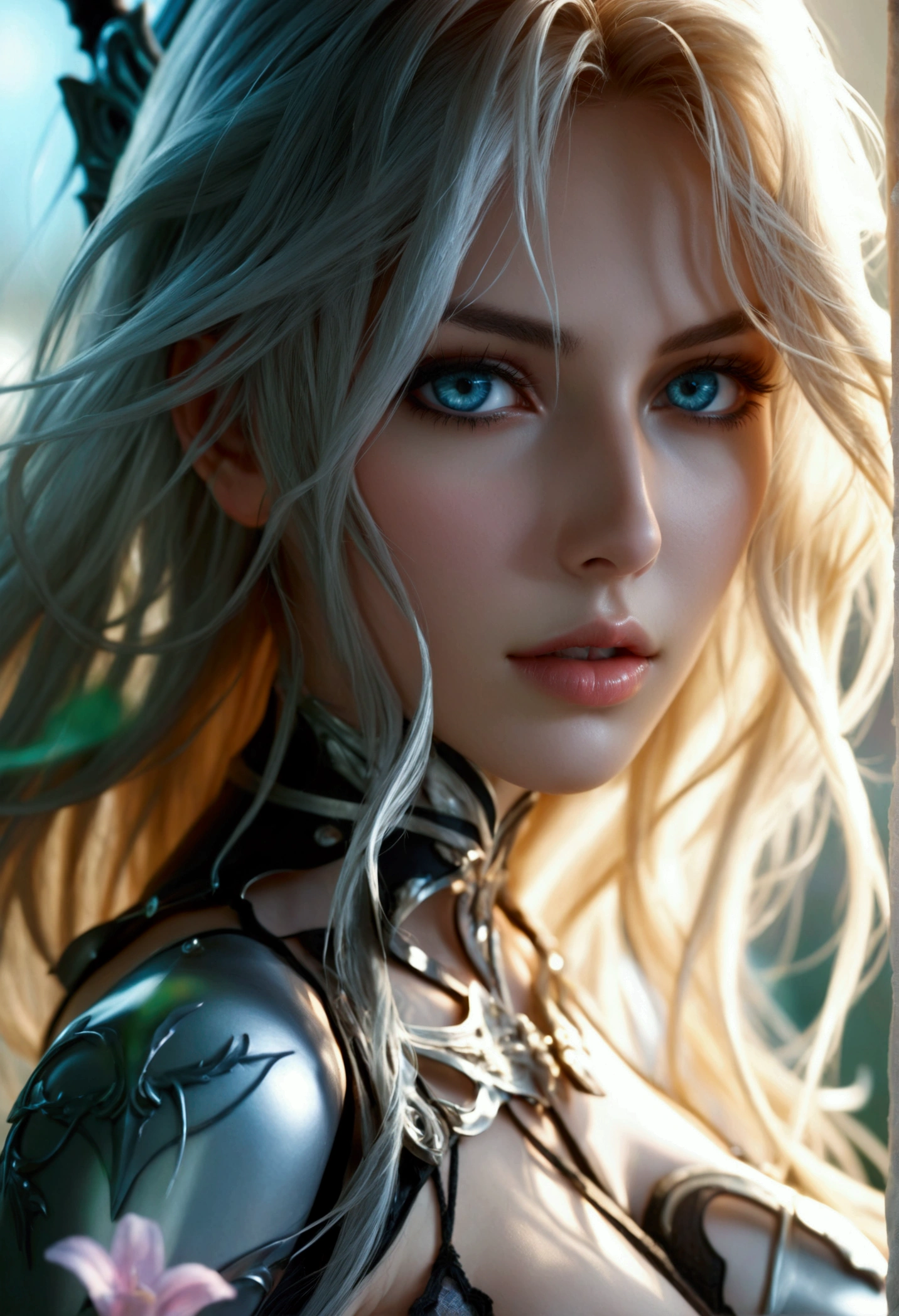 Create a hyper detailed photograph of a young sexy female sephiroth, Stunningly perfect gorgeous feminine face, perfect makeup, detailed vibrant eyes, long hair, hour glass body figure, perfect beautiful legs, perfect beautiful arms, perfect torso, detailed silky smooth skin, breast, perfect ass, sexy transparent lingerie,