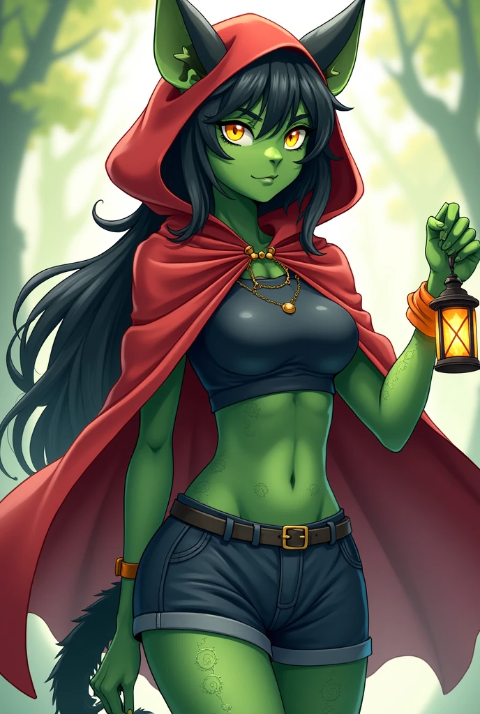 Woman with green skin , black fur , red hood and red cape , Scales , yellow eyes . Orange bracelet on the left hand , dark blue shirt and shorts . Lantern in right hand Cute anime style