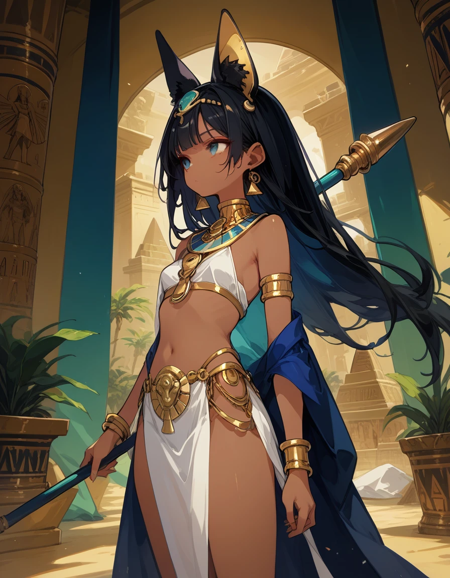 (SLE, mksks style, detailed background:1.1), (solo:1.3), girl, dark skin, ornate egyptian dress, long hair, black hair, beautiful hair, hair over eye, yellow_eyes, happy, portait, head tilt, volumetric lighting, (outdoor:1.3), egyptian house, colorful, flat chest, female anubis, egyptian clothes, egyptian mythology, see-through (white silk), teen, lewd outfit, young, (young girl), child, (very young girl), small girl, 