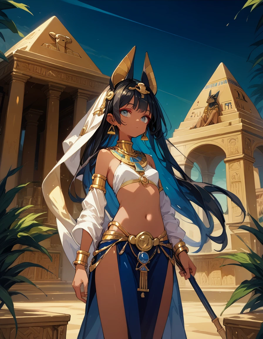 score_10,score_9_up,score_8_up,score_7_up, hadrian, small breasts,expressionless, looking ahead, with Pyramid of Khufu view, in Egypt, female anubis, egyptian clothes, egyptian mythology, truncheon,staff, long black hair, dark skin