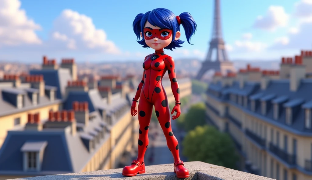 Ladybug (Marinette),high school age girl, blue_hair_color,pigtails_hairstyle,short_hair,wearing her red and black-spotted superhero suit, stands alone, in paris city,The rooftops around her should be typical Parisian buildings,3d_animation,disney_inspiration,high quality,full body image.