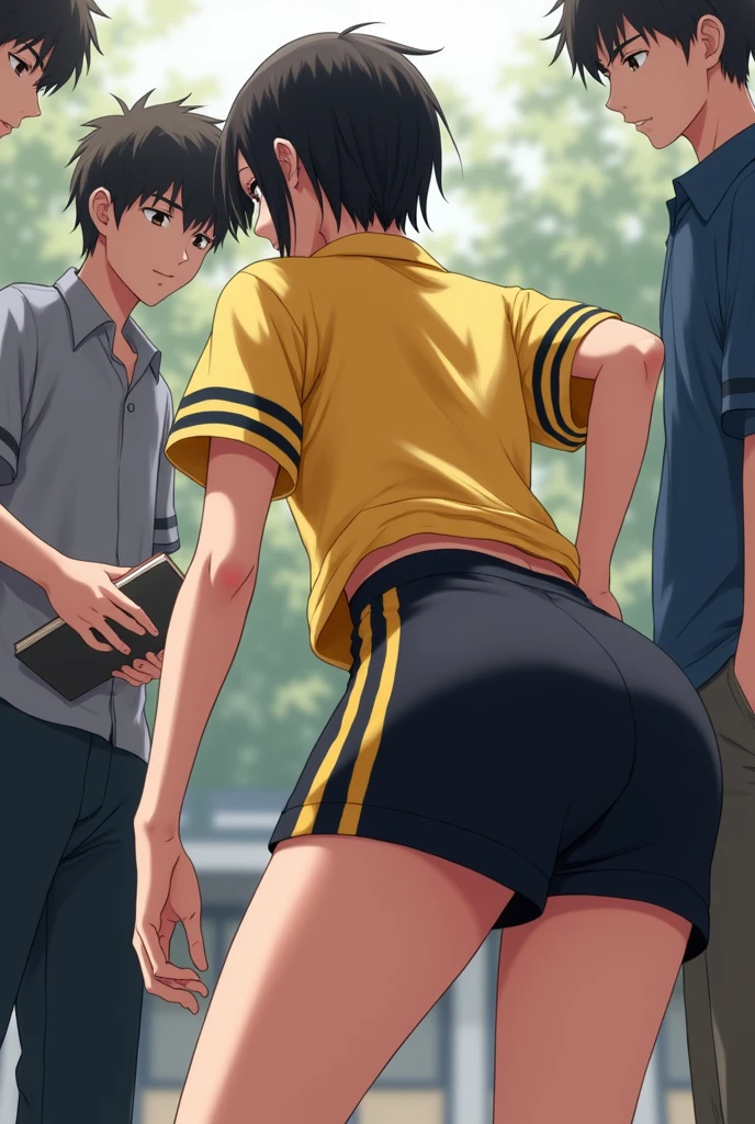 It generates an image of a girl with short hair that reaches her shoulders and a yellow shirt with black stripes on the short sleeves of the uniform with black physical education shorts and she bends down and looks at herself from behind very sexy seen from behind with her black shorts made of synthetic material with yellow stripes on the sides, a big ass seen from behind picking up a book looking down with her head forward and a boy looks at her sexily from behind watching her picking up her books and the boy squeezes her buttock and the girl gets excited and looks at him blushing and puts her butt on his crotch sexily while she smiles mischievously while grabbing her crotch and a boy blushes a lot when he sees her in the yard from behind and tries to grab her