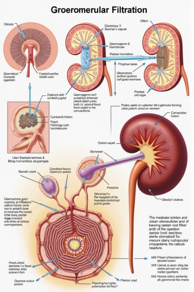 Help me create an image explaining glomerular filtration indicating the following points: where it leaks , how to filter, because it leaks 