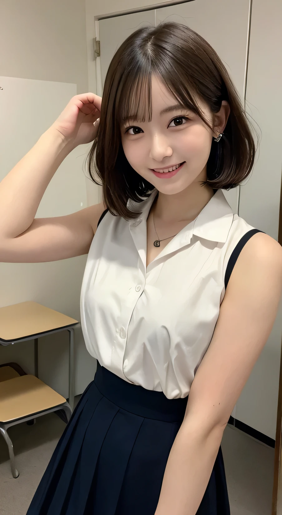 Tabletop, Highest quality, figure, Very detailed, In detail, High resolution, 8k wallpaper, Perfect dynamic composition, Beautiful attention to detail,Wavy Hair、 (short hair)、Small breasts, doctor coat、smile、cute、happy、sexy shot looking at camera,Perfect and beautiful face、Sleeveless shirt、Collared shirt、24-years-old、female teacher、long skirt、smile、Simple Necklace、school staff room