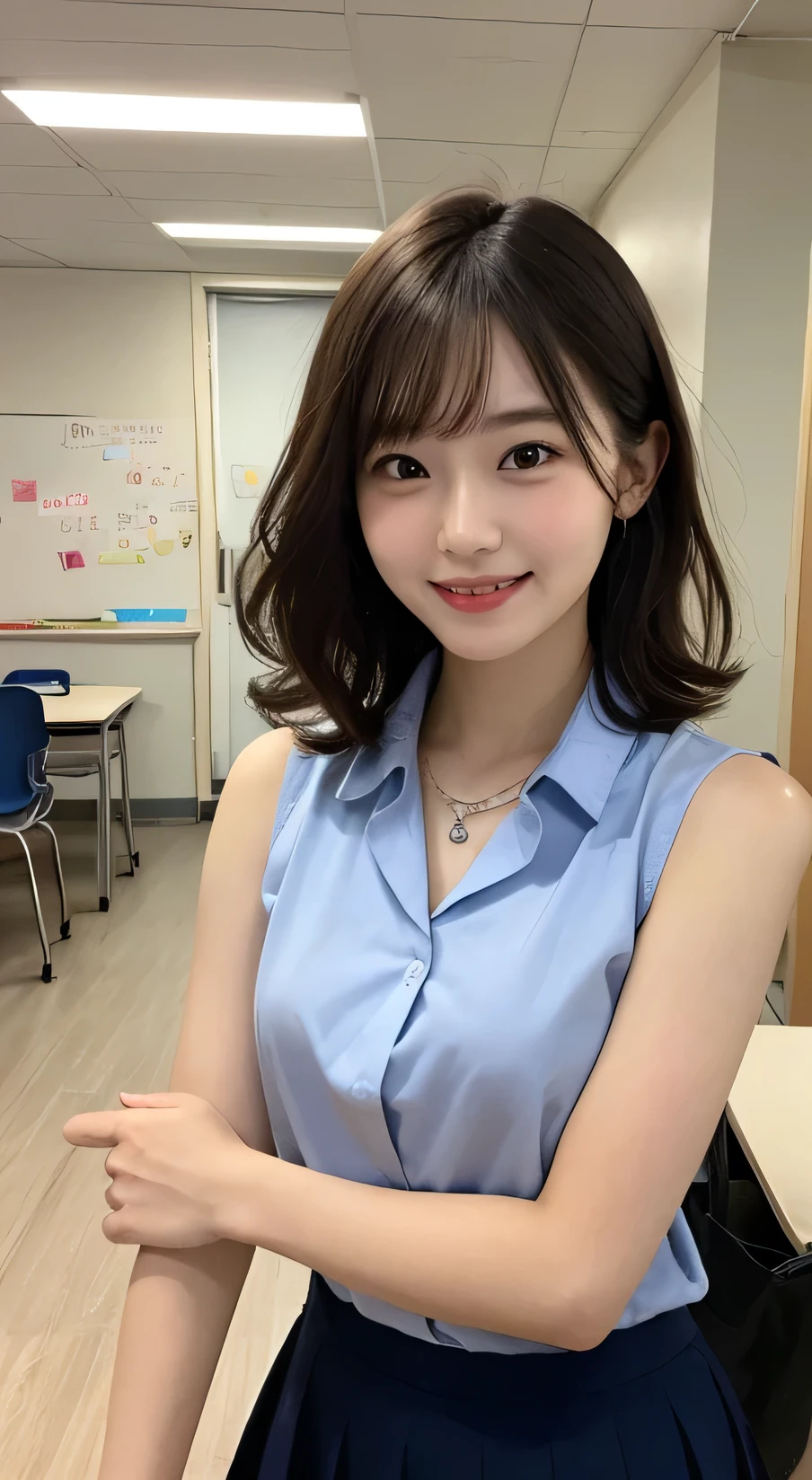 Tabletop, Highest quality, figure, Very detailed, In detail, High resolution, 8k wallpaper, Perfect dynamic composition, Beautiful attention to detail,Wavy Hair、 (short hair)、Small breasts, doctor coat、smile、cute、happy、sexy shot looking at camera,Perfect and beautiful face、Sleeveless shirt、Collared shirt、24-years-old、female teacher、long skirt、smile、Simple Necklace、school staff room