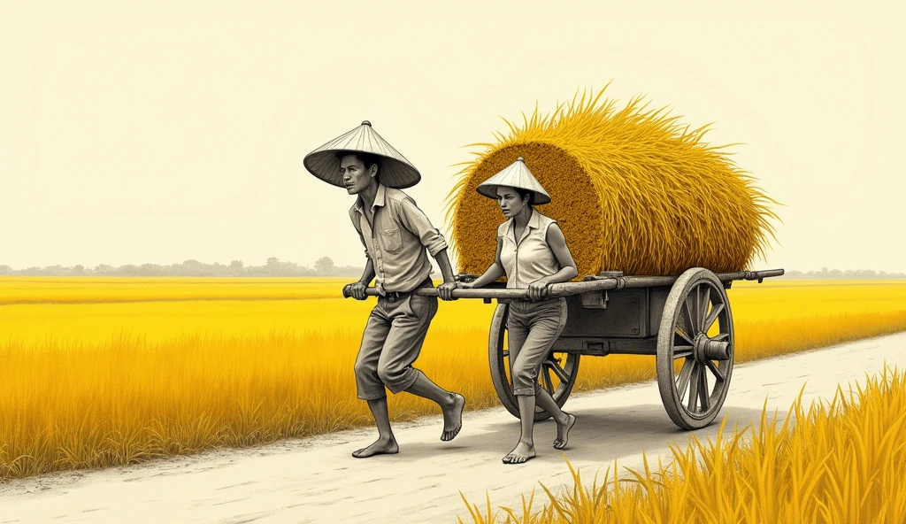 pencil cartoon, hot weather, a vietnamese man pulling a very big cart full of rice, a vietnamese woman pushing behind the cart, they go barefoot on the small road, woman wearing a 'non-la' northern Vietnamese style, on a yellow field background, realist detail, flat form