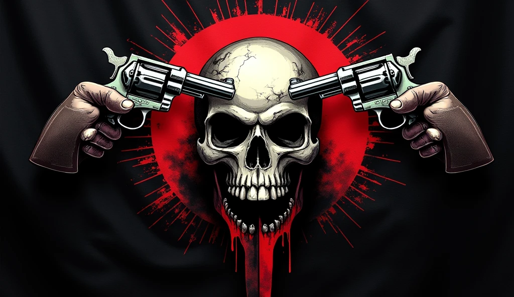 a flag with a black background with a skull holding a sword with two pistols pointing at its head