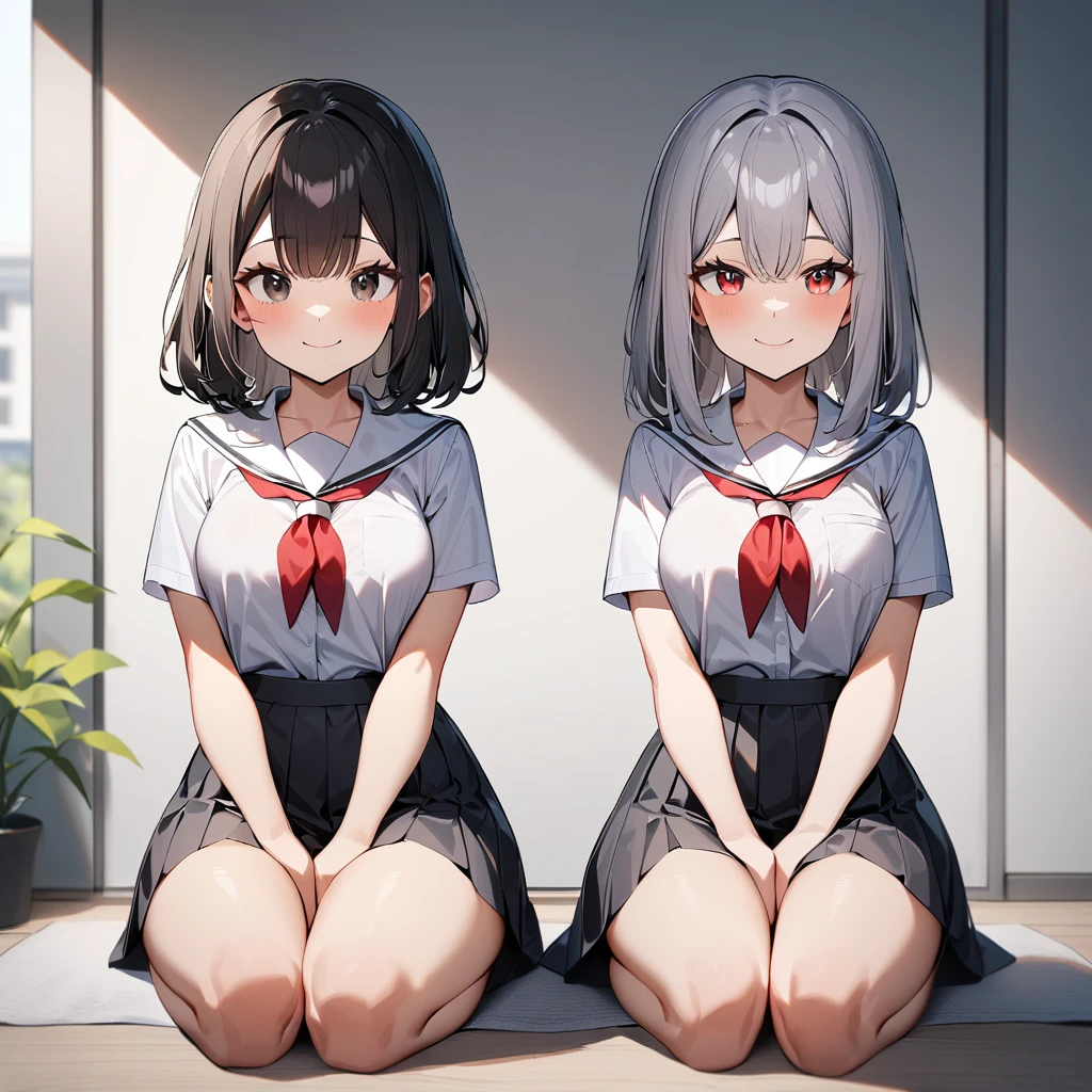 (2girls),adult,smile,school_uniform,White sailor,bareLegs,feet,medium hair.black hair,gray hair,black eyes,red eyes,medium_breasts,breasts,masterpiece, best quality, very aesthetic, absurdres,front View,(straight-on),side by side,seiza