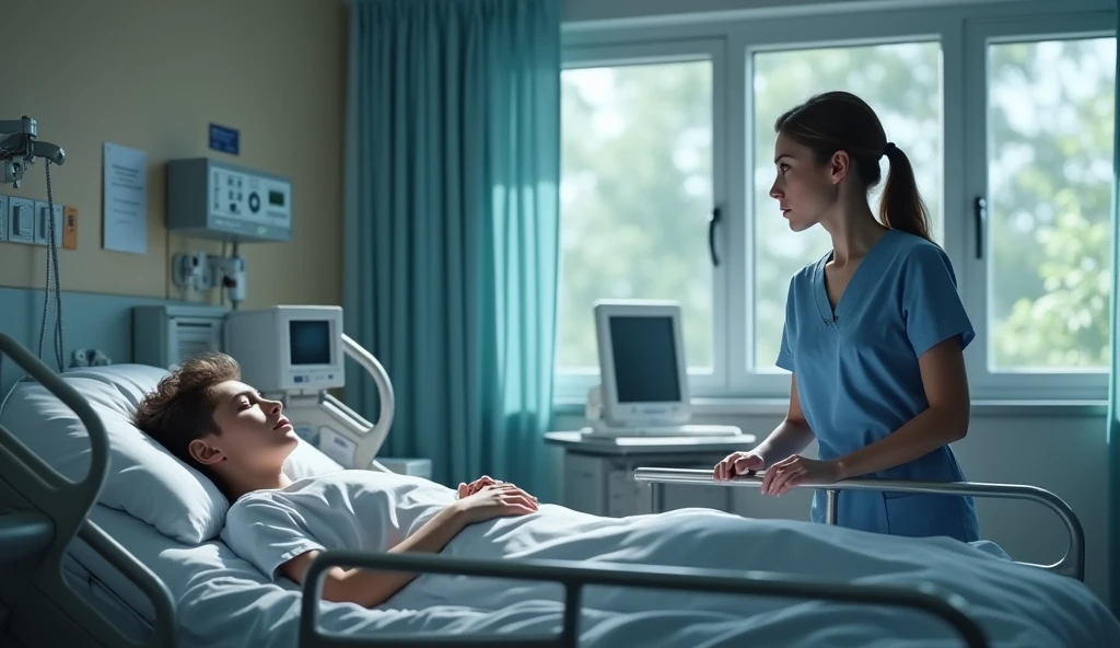 young patient in bed, Nurse in the ward and a non-healthcare woman next to the nurse. Realistic model